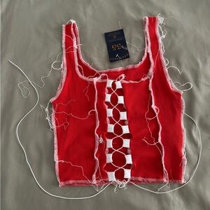 Distressed Red Crop Top with White Synched Accents